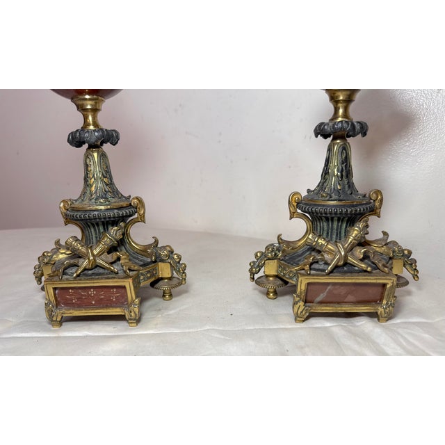 Pair Antique Ornate 1800's Patinated Gilt Bronze Marble Neoclassical Candelabras For Sale - Image 10 of 14
