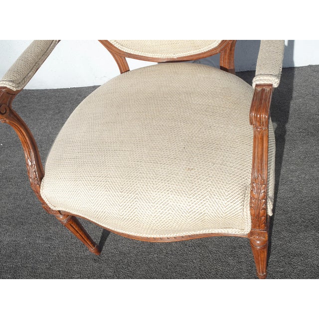 1970s Vintage French Provincial Burlap Linen Side Arm Chair W Ornate Frame For Sale - Image 5 of 15