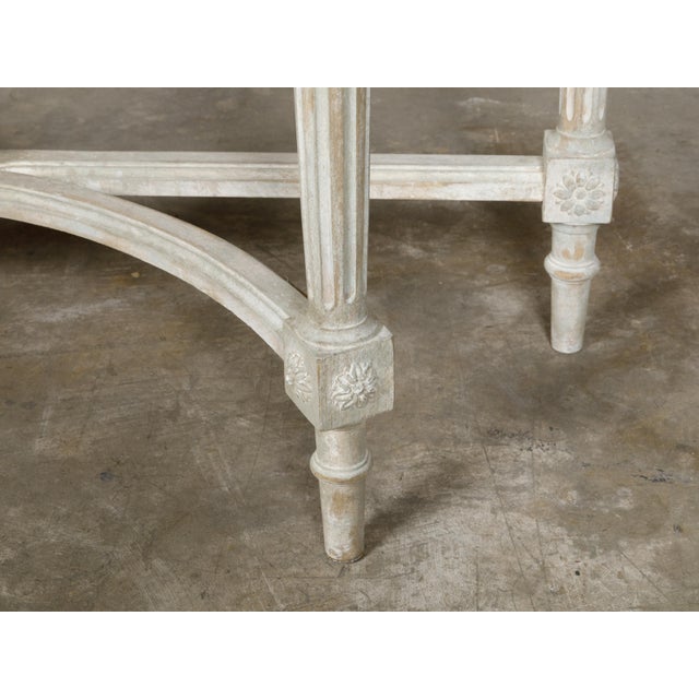 White Pair of French Louis XVI Style Painted Demilune Console Tables with Marble Tops For Sale - Image 8 of 12