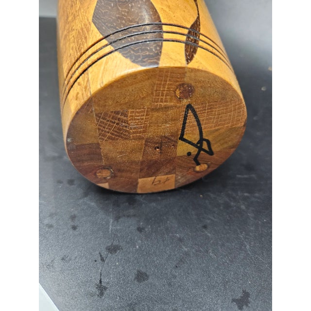 Vintage Hand Turned Signed Wooden Vase, Segmented Design With Contrasting Wood Types Like Cherry, Walnut, Other Exotic Woods For Sale - Image 4 of 4