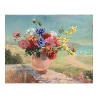 'Still Life by the Beach' by Fernande Mariano, Circa 1957, Dahlia, Daisies, Mums, Chrysanthemum, Lodi For Sale