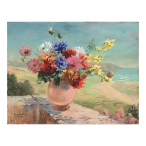 'Still Life by the Beach' by Fernande Mariano, Circa 1957, Dahlia, Daisies, Mums, Chrysanthemum, Lodi