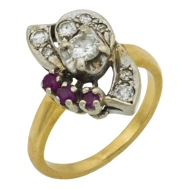 1940s Retro Ruby Diamond 14k Two Tone Gold Ring, Size 5.5 For Sale