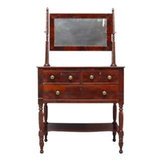 Early 19th Century Sheraton Carved Mahogany 3 Drawer Dressing Table With Barley Twist Legs & Mirror For Sale