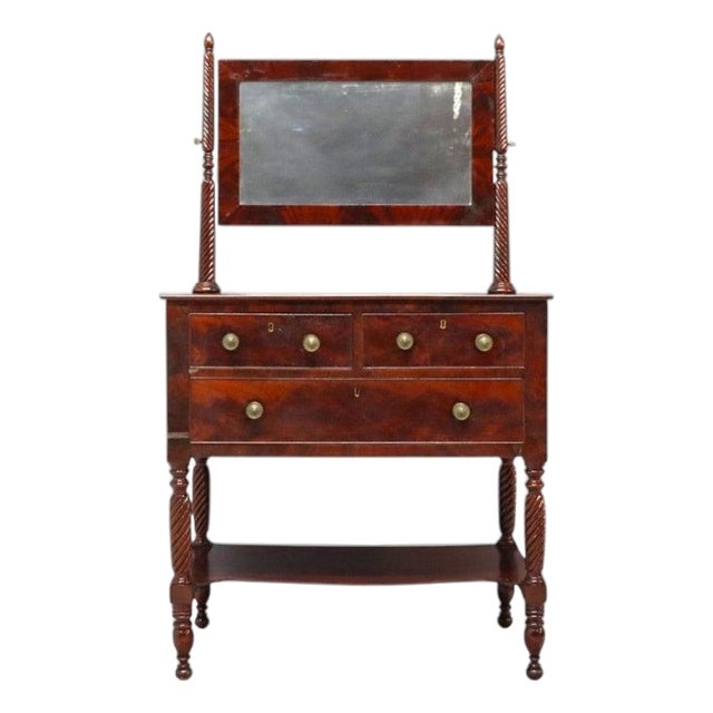 Early 19th Century Sheraton Carved Mahogany 3 Drawer Dressing Table With Barley Twist Legs & Mirror For Sale