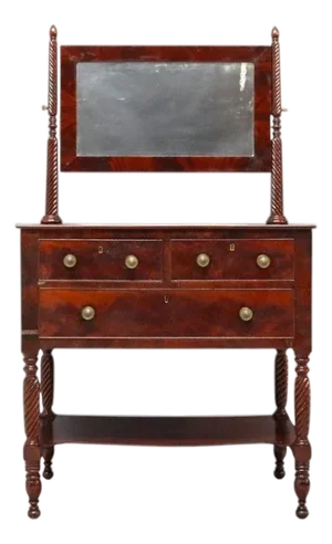 Early 19th Century Sheraton Carved Mahogany 3 Drawer Dressing Table With Barley Twist Legs & Mirror