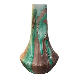 Green Swirl Ceramic Touring Pottery Folk Art Vase For Sale