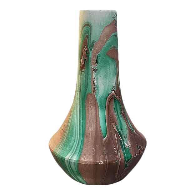 Green Swirl Ceramic Touring Pottery Folk Art Vase For Sale