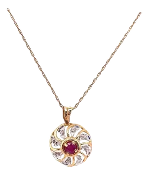 14 Karat Yellow Gold Necklace With Garnet and Diamond Pendant 0.08 TDW