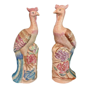 Vintage Ceramic Chinese Bird Sculpture Figurines-a Pair-Mid Century Modern Palm Beach Tropical Coastal Flowers Tree Peacocks Parrots Phoenix - A Pair