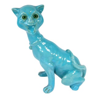 Antique French Turquoise Glazed Pottery Cat Figurine, 1890s For Sale