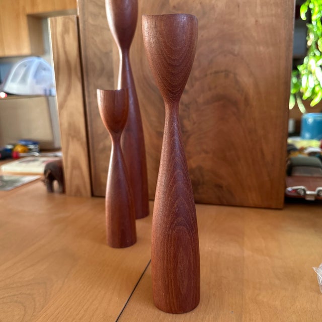 Mid 20th Century Midcentury Modern Danish Teak Tulip Candlesticks- Set of 3 For Sale - Image 5 of 7