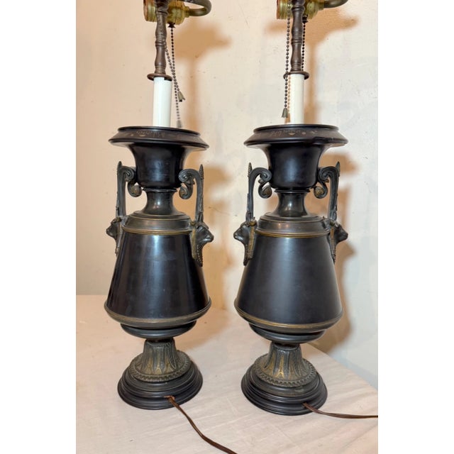Antique Egyptian Revival Figural Bronze Marble Urn Ewer Table Lamps - a Pair For Sale - Image 16 of 18