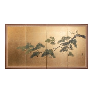 1960s Shōwa Era Japanese Byobu Screen, "Pine Tree Branch" For Sale