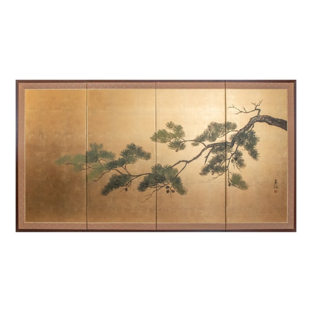 1960s Shōwa Era Japanese Byobu Screen, "Pine Tree Branch" For Sale