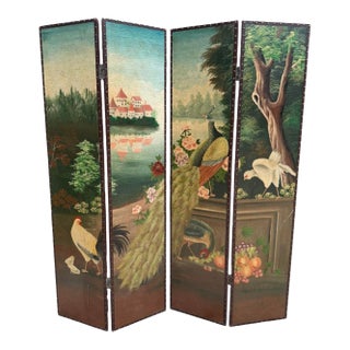 Vintage Hand-Painted Peacock & Landscape Four-Panel Folding Screen For Sale