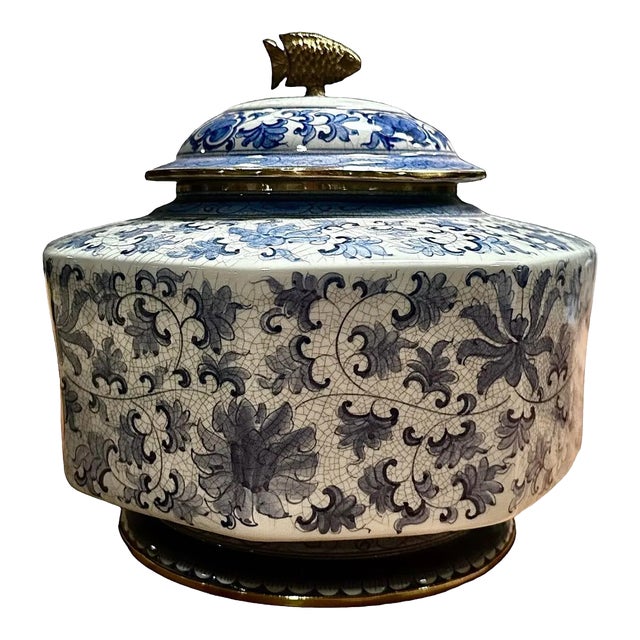 Late 20th Century Maitland-Smith Blue and White Octagonal Jar With Brass Fish Lid For Sale