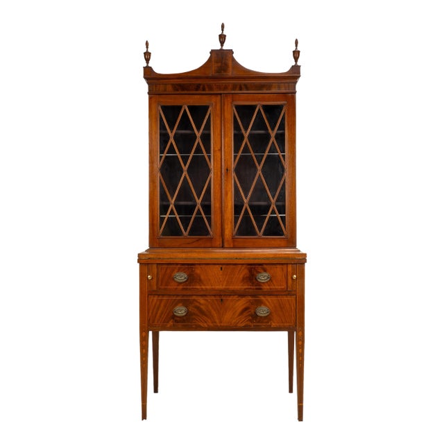 Late 19th Century Flame Mahogany Secretary Desk Bookcase, Antique Drop Front Desk For Sale