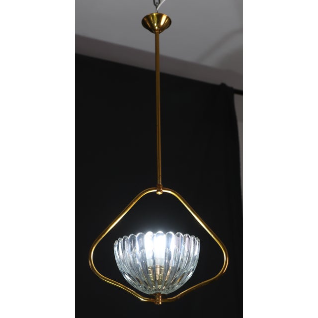 Art Deco 1950s Art Decò Barovier E Toso Murano Glass and Brass Pendant Light For Sale - Image 3 of 14