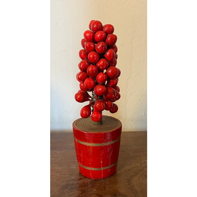 Antique Early 20th Century German Christmas Ornaments Paint Decorated and Carved Wood Red Berry Topiary Trees in Pots - a Pair For Sale - Image 4 of 8