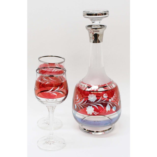 Vintage Etched Silver Decanter & Cordial Glasses Set of3 Chairish