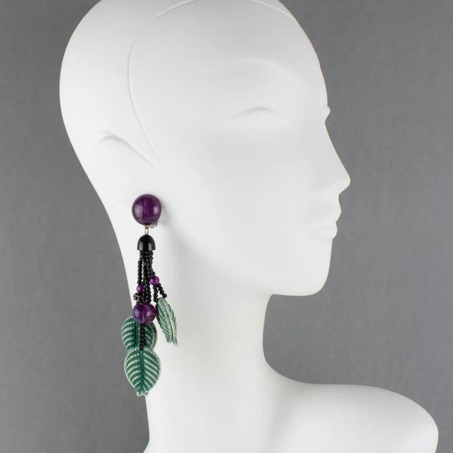 Glass Angela Caputi Dangle Resin Clip Earrings Green and Purple Leaves Design For Sale - Image 7 of 8