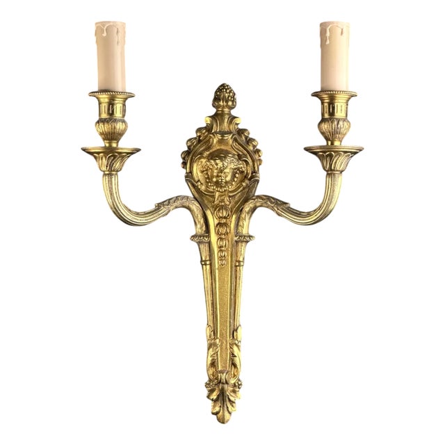 Antique French Louis XVI Two-Light Wall Sconce in Gilt Bronze, 1890s For Sale