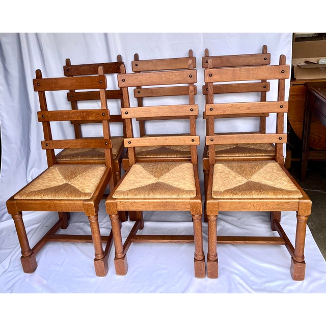 Wood Vintage 1950s French Oak Ladder-Back Rush Seat Chairs - Set of 6 For Sale - Image 7 of 16