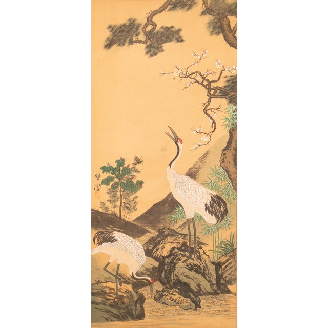 Japanese Showa Era Japanese Painted Silk Scroll "Two Cranes and Pine Tree", Circa 1930-1950s For Sale - Image 3 of 12