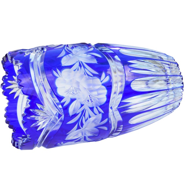 Mid 20th Century Vintage Blue Crystal-Cut Vase With Floral-Patterned Itching For Sale - Image 5 of 7