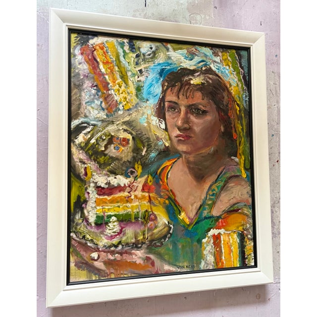 Cake Girl, Original Oil Painting, by Van Ness 24"x30" oil painting on canvas, framed. This female portrait holds a plate...