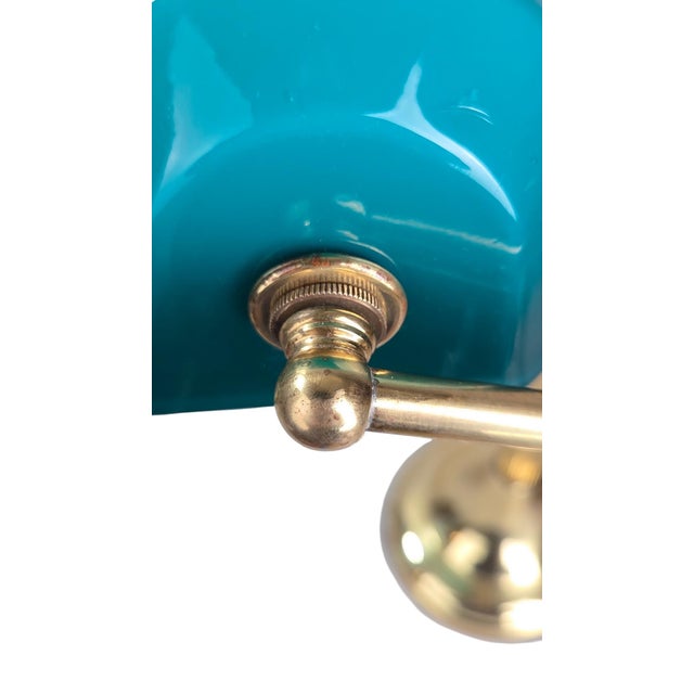 Teal 1970s Mid-Century Modern Art Deco Brass and Teal Glass Banker's Desk Lamp For Sale - Image 8 of 18