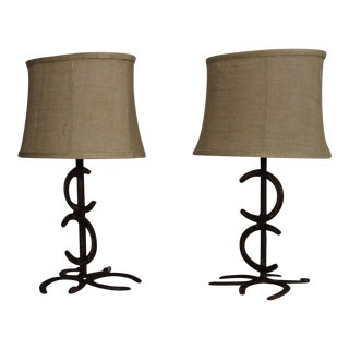 1930s Rustic Wrought Iron Horse Shoe Lamps - a Pair For Sale