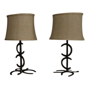 1930s Rustic Wrought Iron Horse Shoe Lamps - a Pair