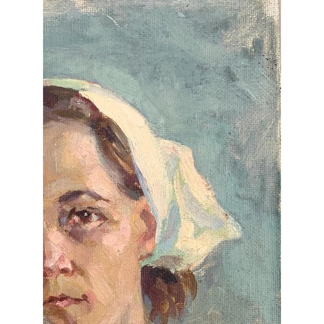 Realism Soviet Woman Portrait, Antique Oil Painting, Ukrainian Artist (1961) 39-28 For Sale - Image 3 of 6