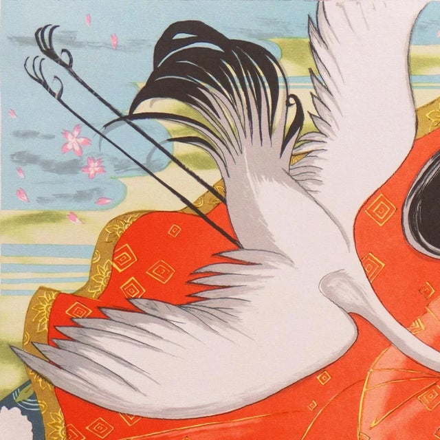 Red 'Happy Tidings' by Miharu Lane, Geisha, Holding a Fan, Receives a White Crane, Silk Kimono For Sale - Image 8 of 10