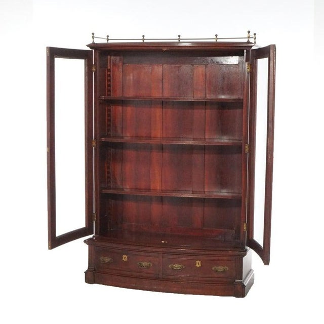 RJ Horner Mahogany Bow Front Bookcase with Brass Rail & Lower Drawers (working lock & key) Circa 1890 Measures - 61.5"h...