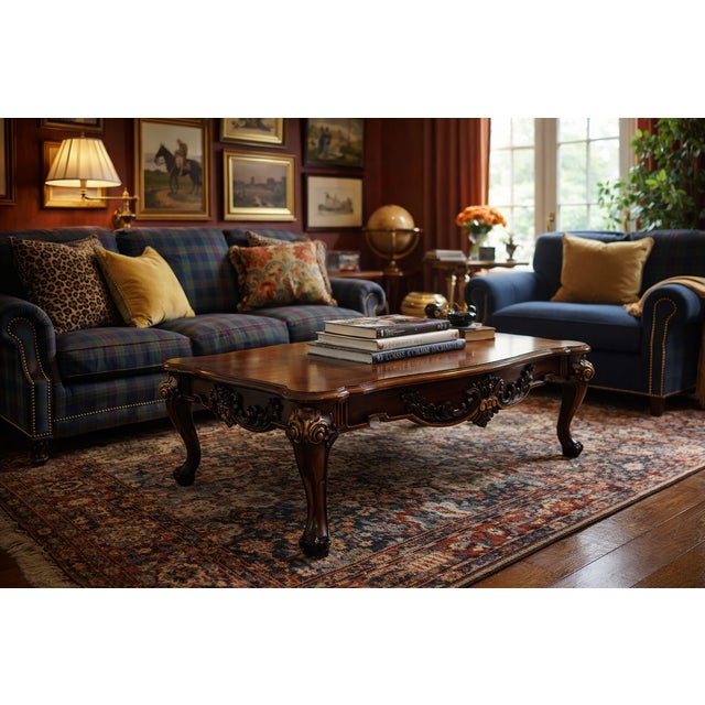 Oversized Vintage Carved Wood Coffee Table With Claw Feet And Gilded Accents Kindly note photo number two (2) is a digital...