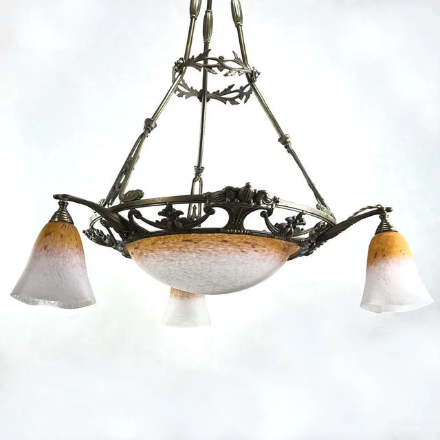 Art Deco Orange and White Pendant Light attributed to Schneider, 1930s For Sale - Image 6 of 12