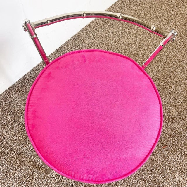 Regency Faux Bamboo Chrome and Pink Low Stool For Sale In Miami - Image 6 of 11