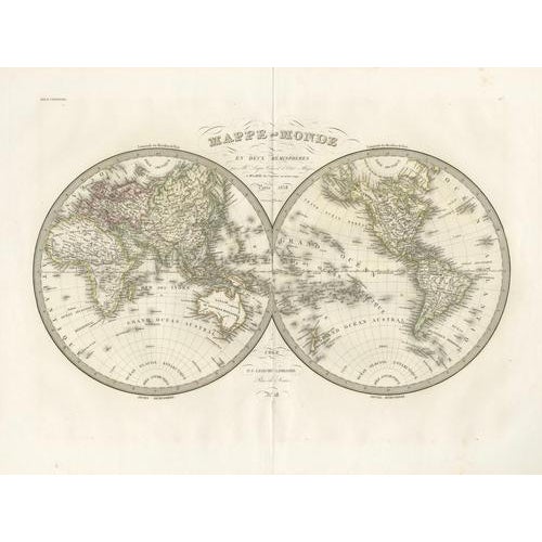 Antique Double Hemisphere World Map by Lapie, Paris, 1838 For Sale - Image 3 of 11