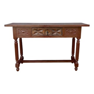 Spanish Renaissance Revival Carved Oak Console Table with Drawer, 1950s For Sale