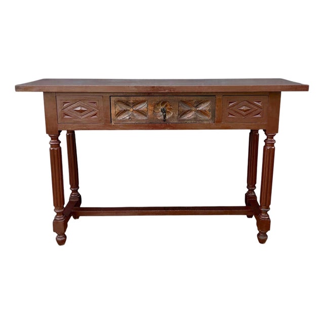 Spanish Renaissance Revival Carved Oak Console Table with Drawer, 1950s For Sale