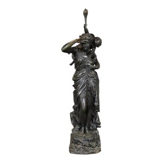 Signed Max Bourgeois Standing Bronze Figure of Maiden With Putti Holding Torch For Sale