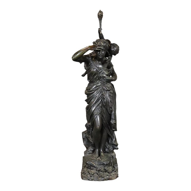 Signed Max Bourgeois Standing Bronze Figure of Maiden With Putti Holding Torch For Sale