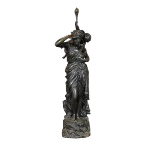 Signed Max Bourgeois Standing Bronze Figure of Maiden With Putti Holding Torch