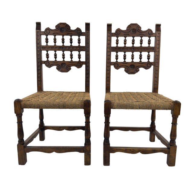 Dimensions: H 35” x W 17” x D 15.3” x SH 16” Pair of Vintage French Provincial carved wood chairs with original woven rope...
