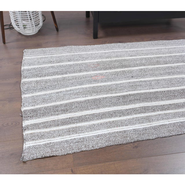 Vintage Turkish Hand-Knotted Wool Cotton Gray Kilim Runner Rug For Sale - Image 6 of 9