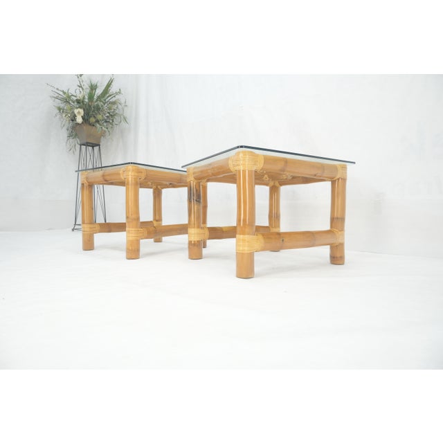 Wood Pair Thick Bamboo Glass Top Rectangle Glass Top End Side Lamp Tables MINT For Sale - Image 7 of 18