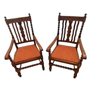Pair of Antique Jacobean Revival Barley Twist Oak Armchairs Rust & Gold Damask For Sale